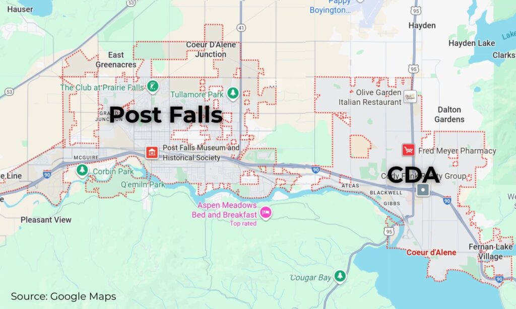 map of Post Falls vs Coeur d'Alene, ID