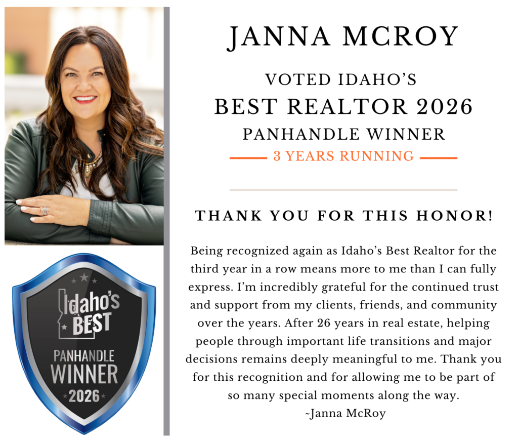Janna McRoy, won Idaho's best realtor 2026, for the 3rd year running in the Panhandle Region of North Idaho.