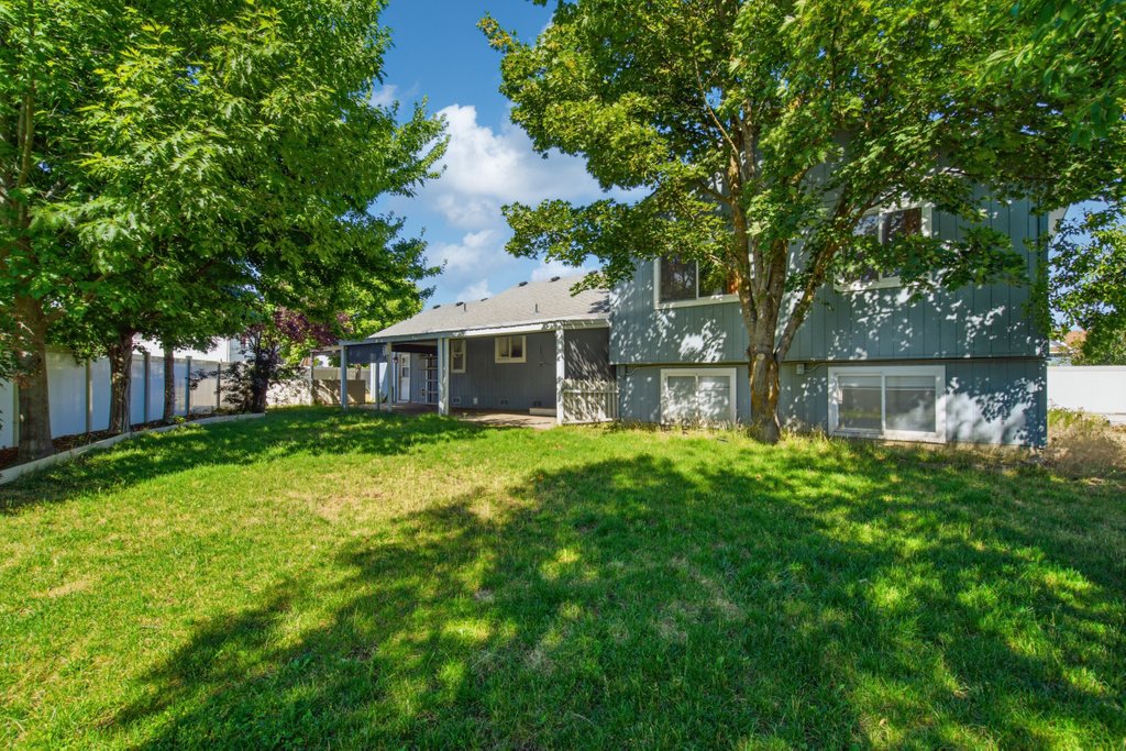 backyard with grassy area and mature trees
